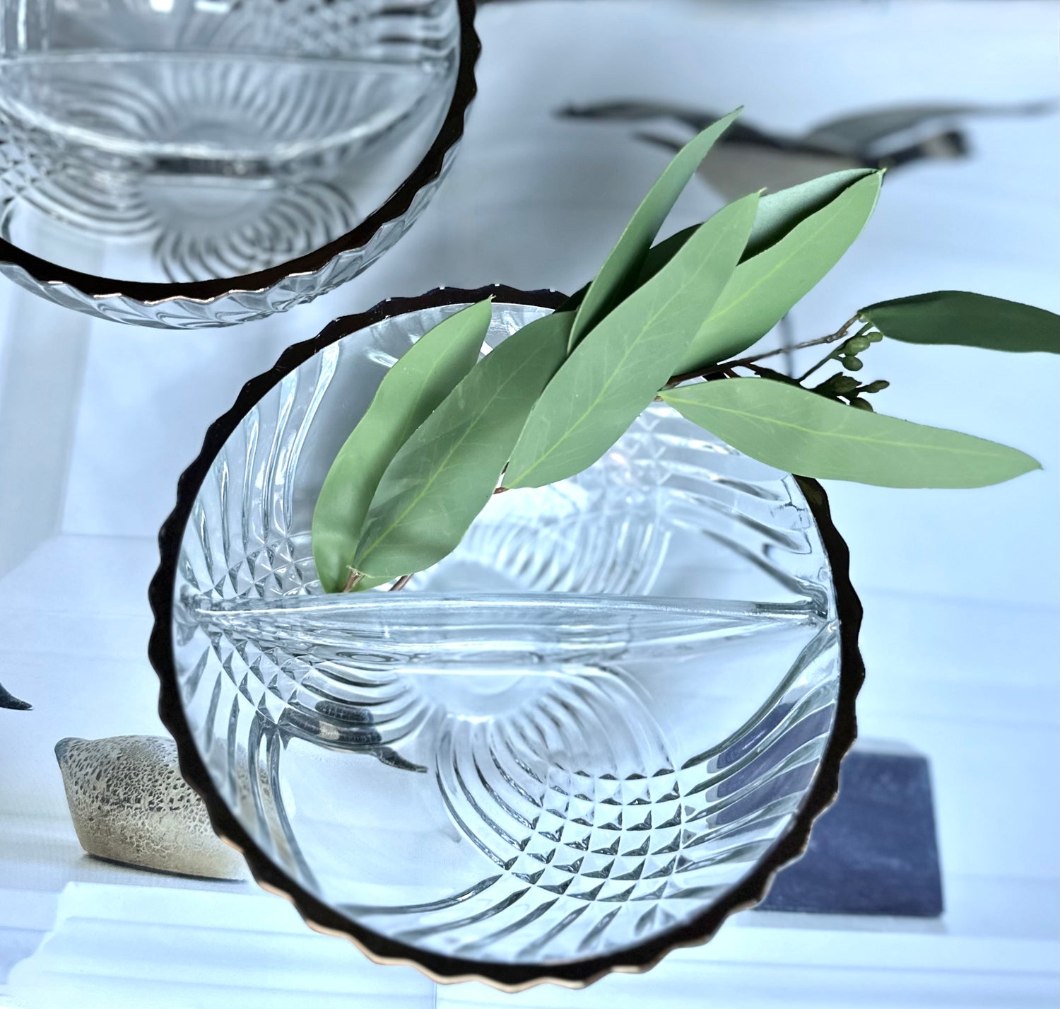 Vintage Crystal Divided Bowl with Leaves on White Background