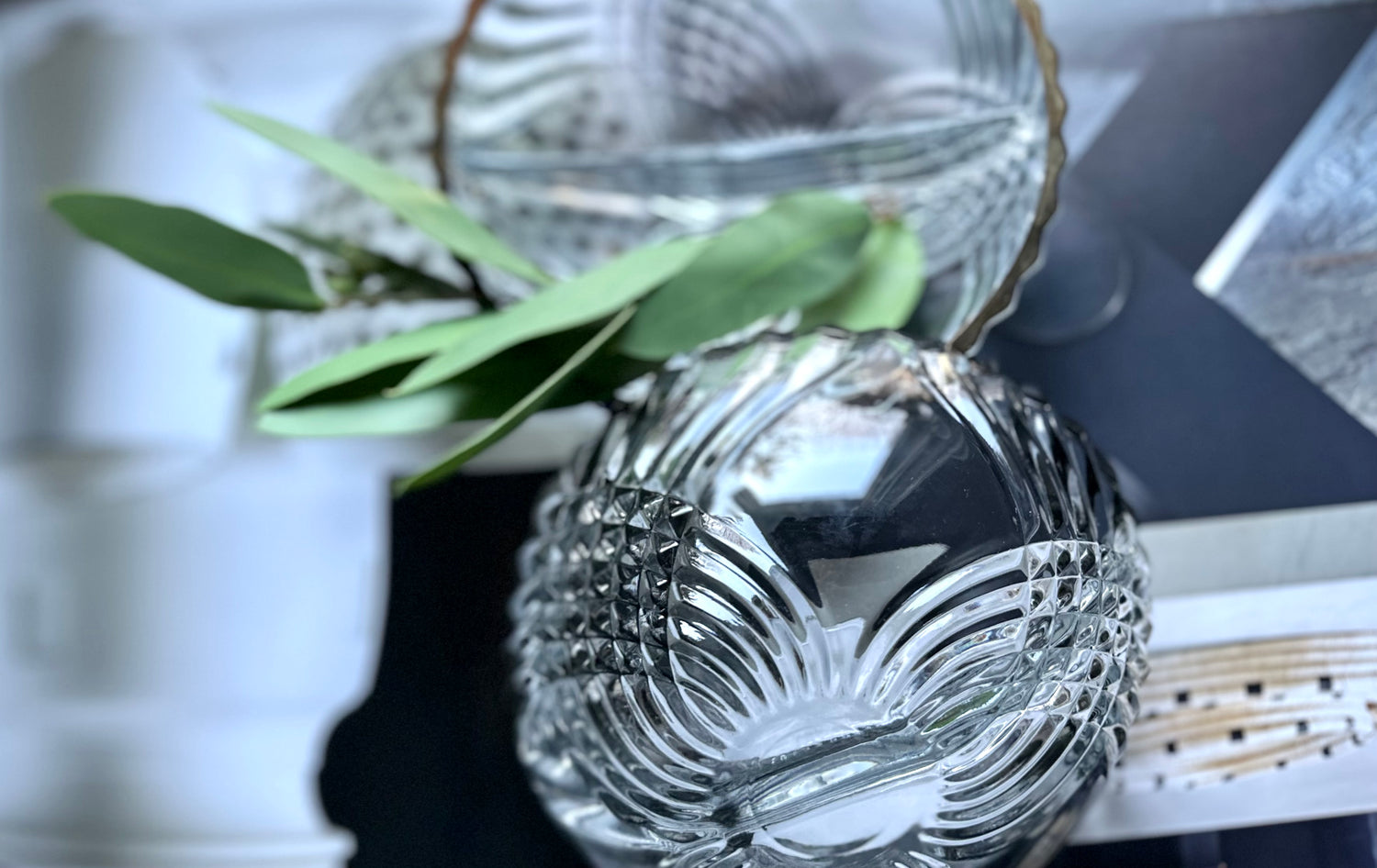 Textured Glass with Black and White Background and Green Leaves