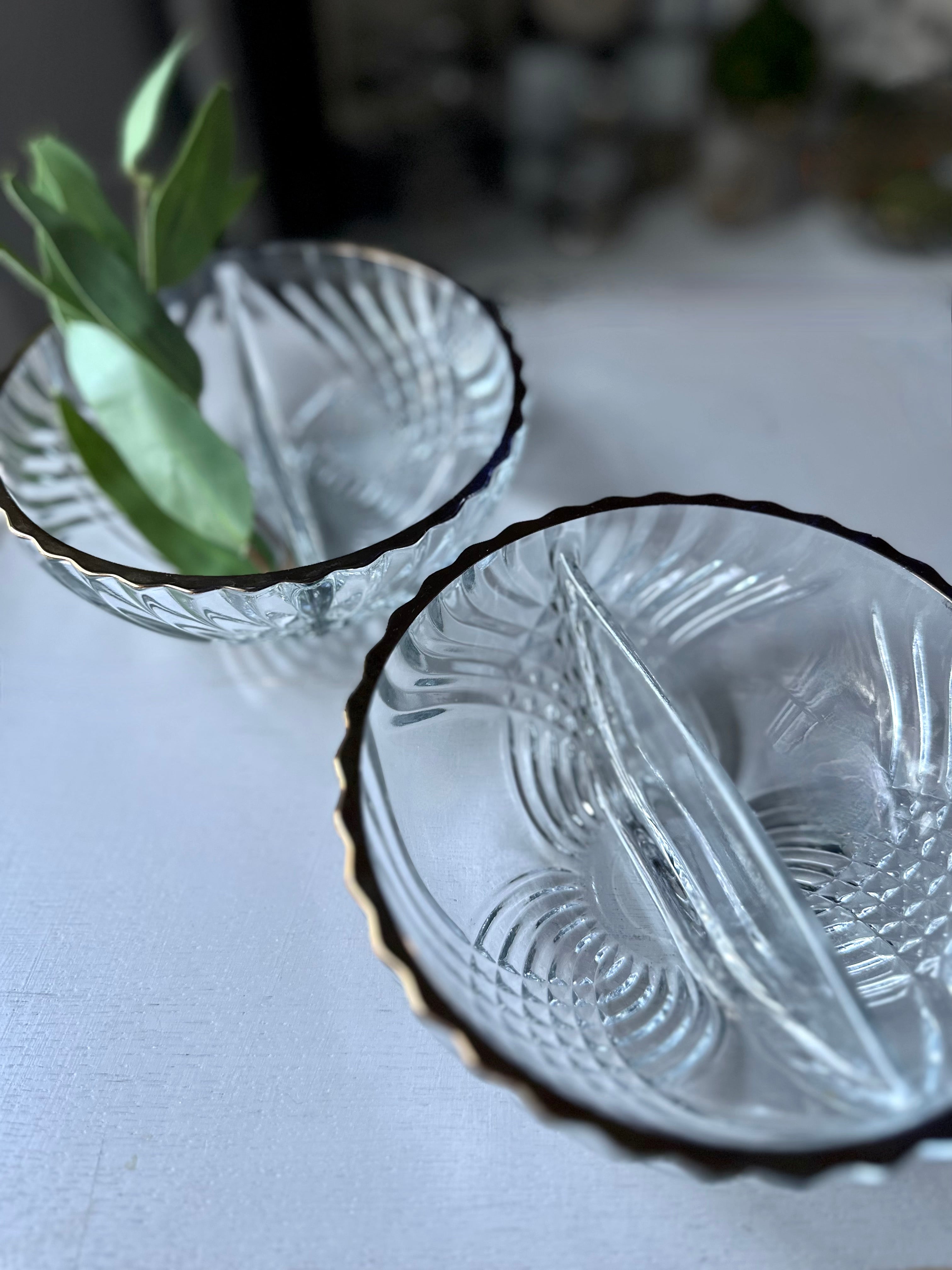 Two clear, round glass dishes with textured patterns and ridged edges, placed on a white surface.