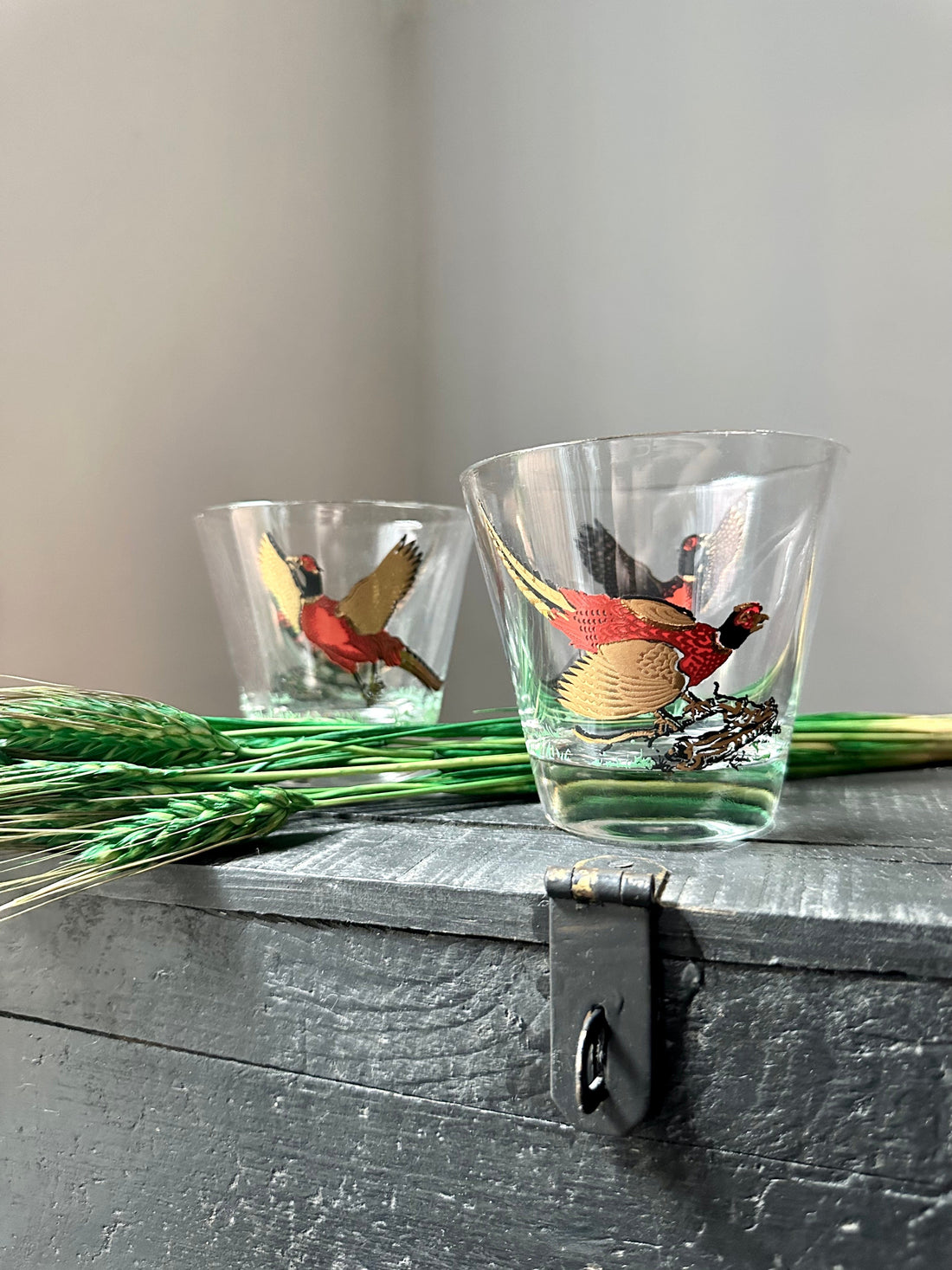 Pair Vintage Pheasant Whiskey Glasses