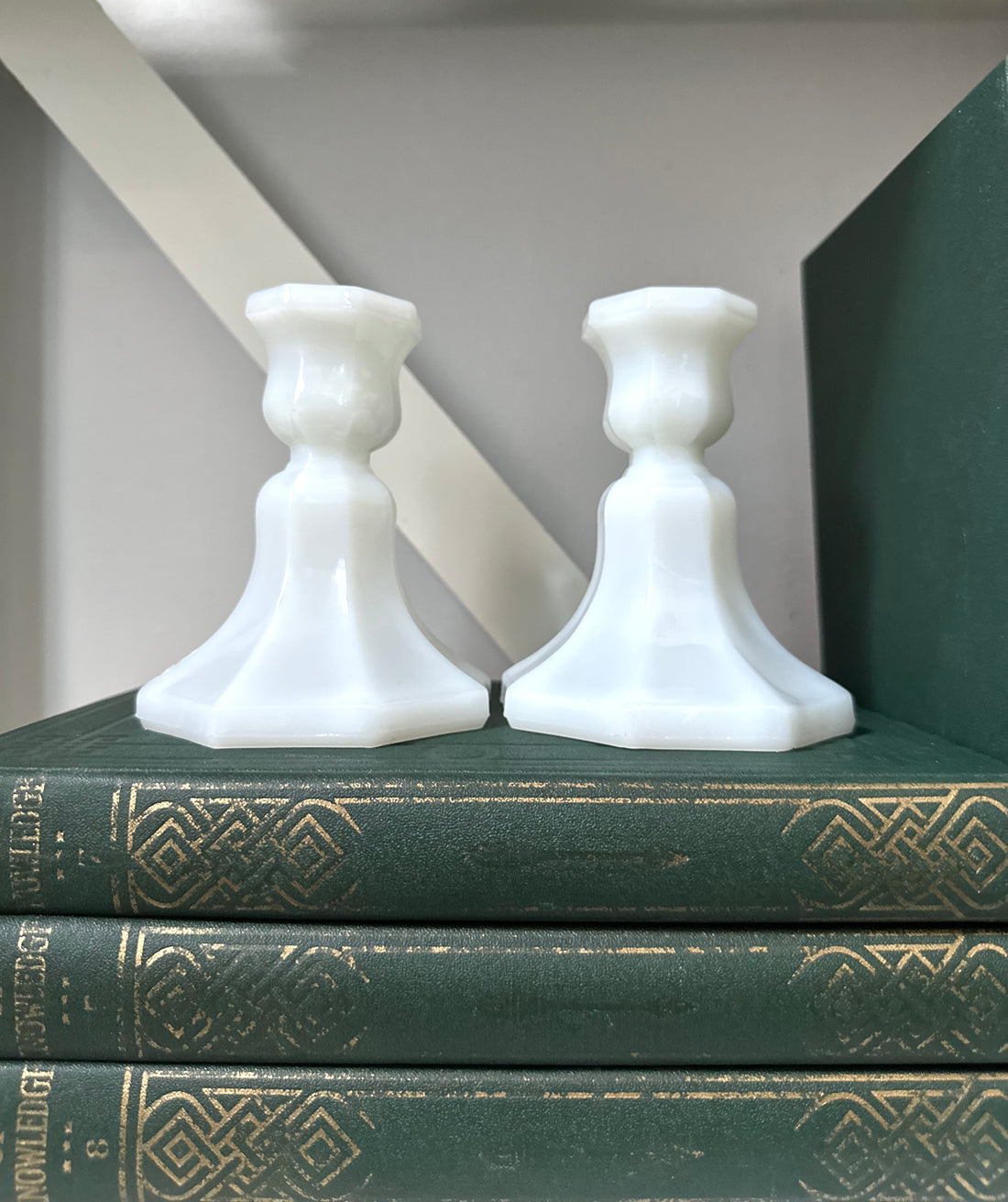 Vintage Pair Milk Glass Candlestick Holders