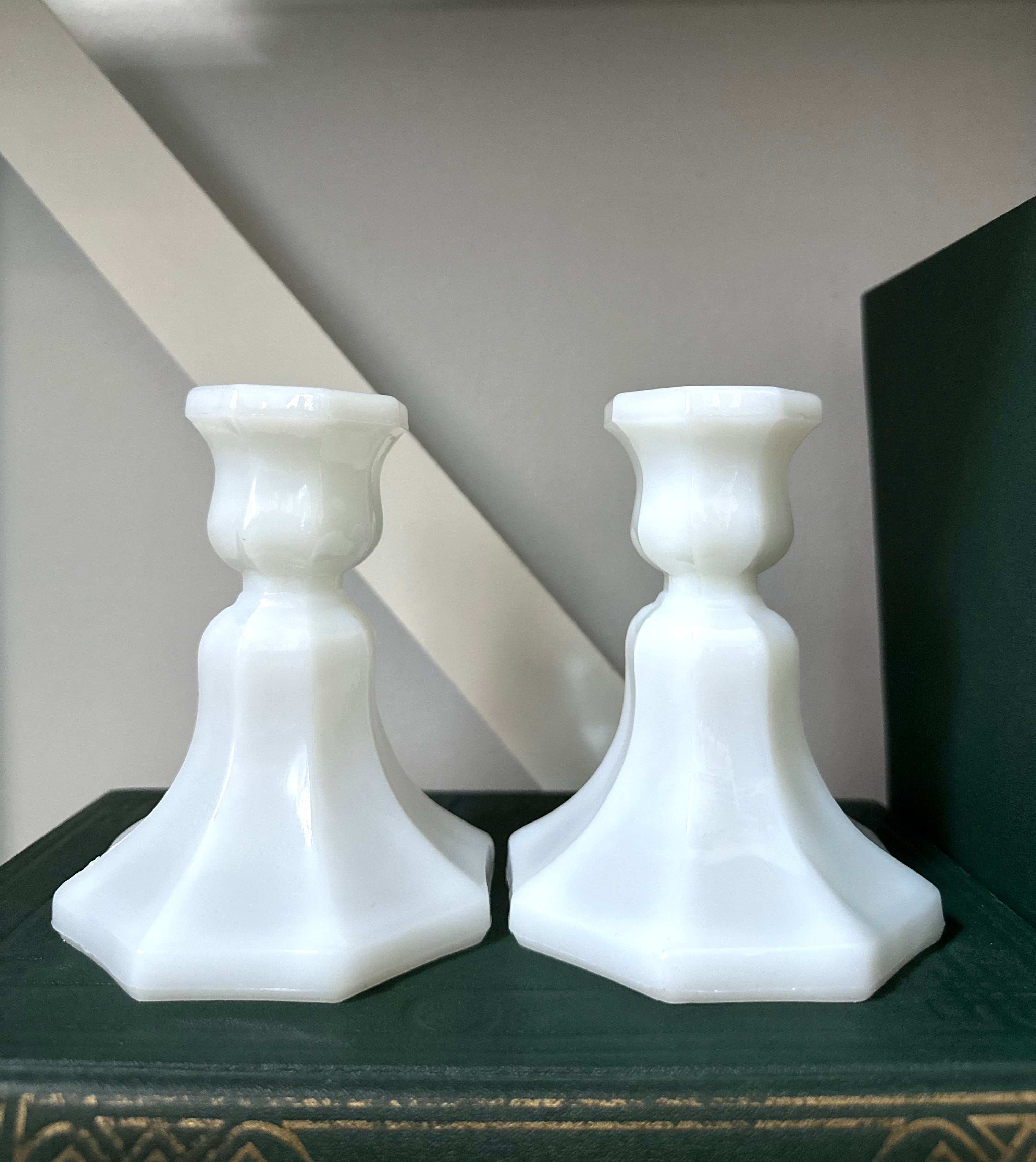 Vintage Pair Milk Glass Candlestick Holders