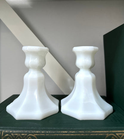 Vintage Pair Milk Glass Candlestick Holders