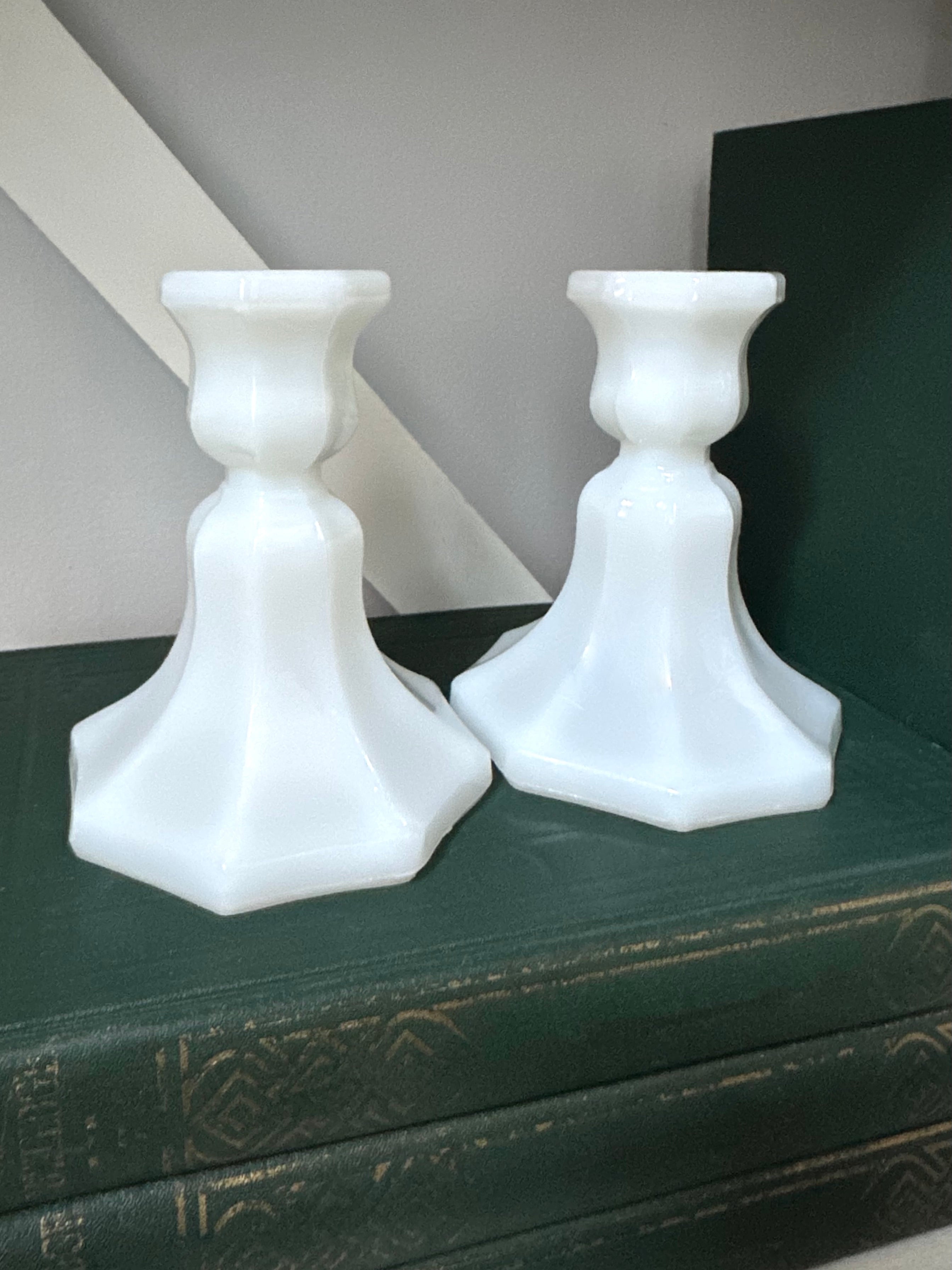 Vintage Pair Milk Glass Candlestick Holders