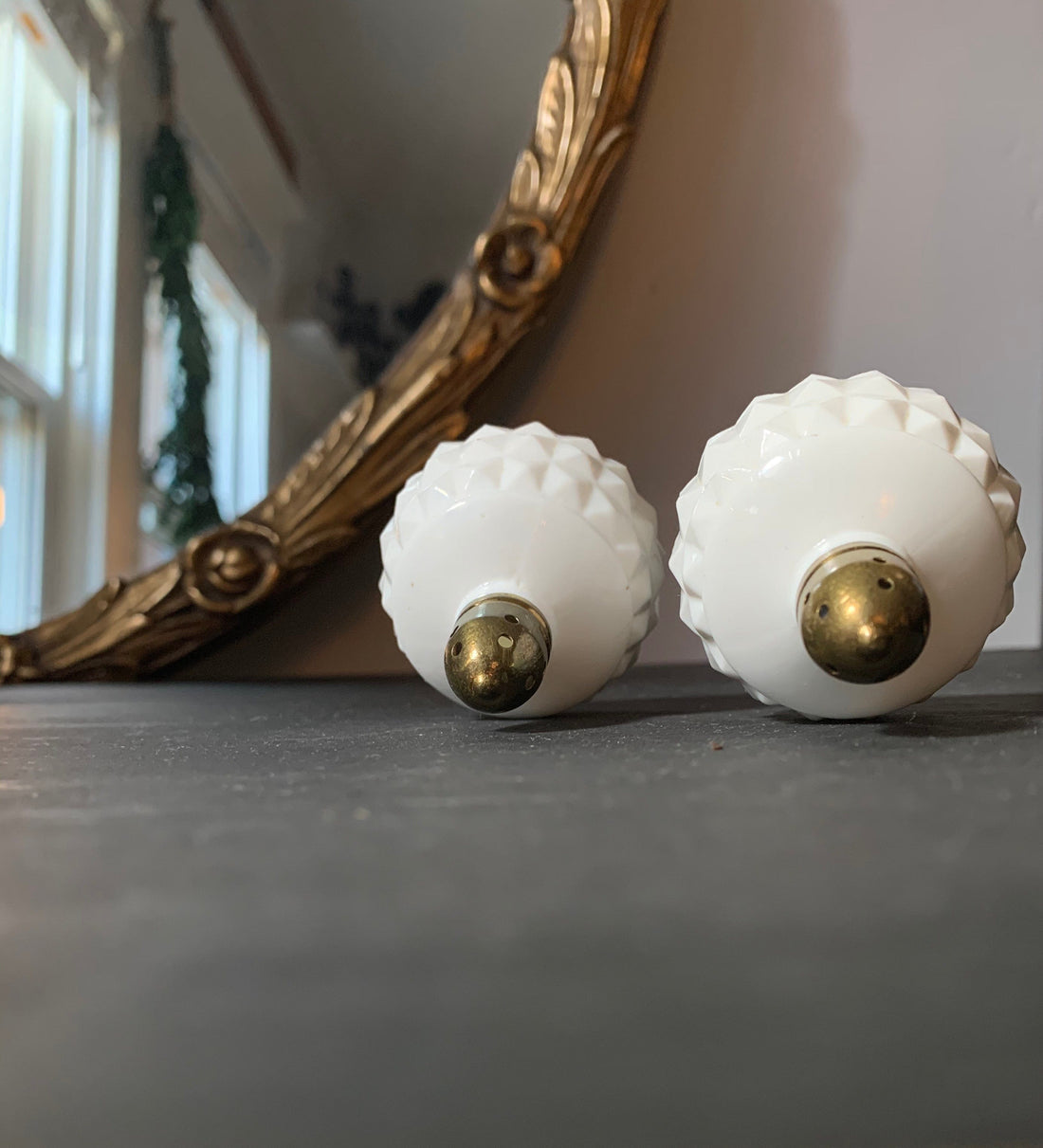 Vintage Pair Milk Glass Salt + Peppers