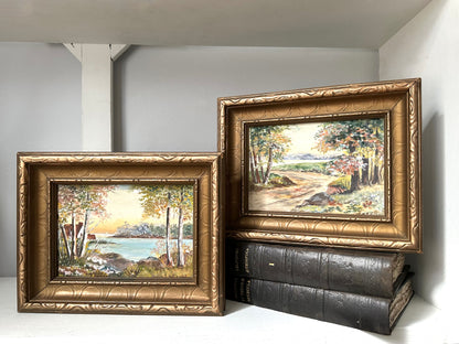 Two framed landscape paintings with ornate gold frames, displayed on a white shelf with dark books underneath the right frame.