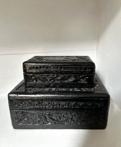 Set of 2 Carved Wood Boxes