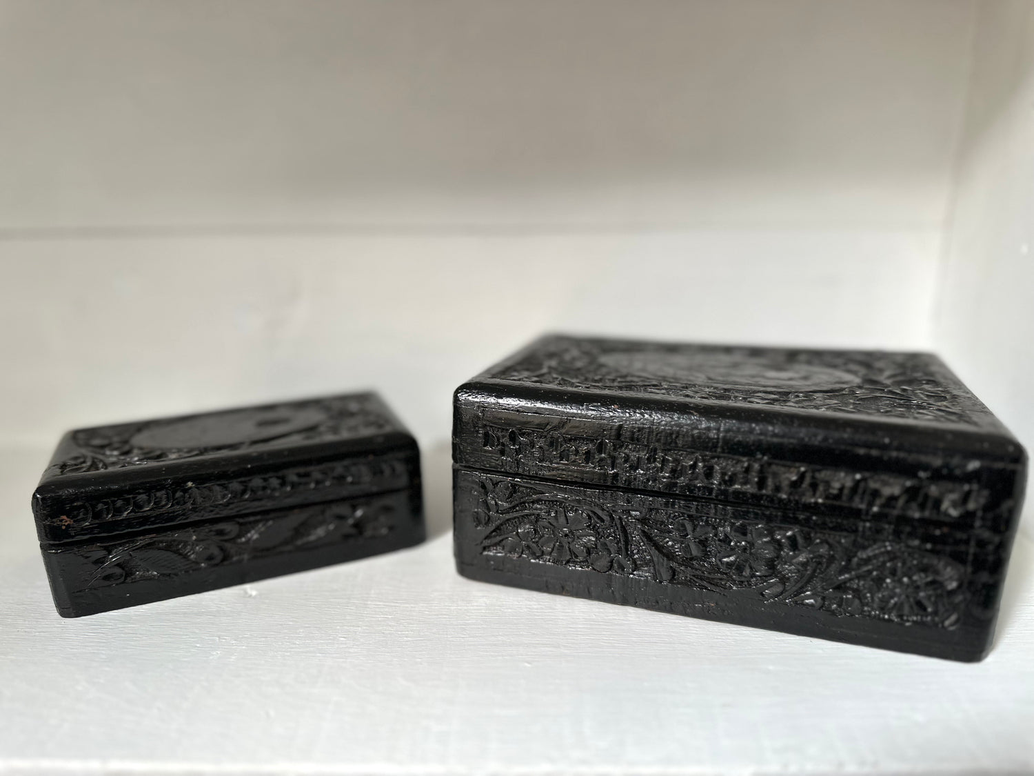 Set of 2 Carved Wood Boxes