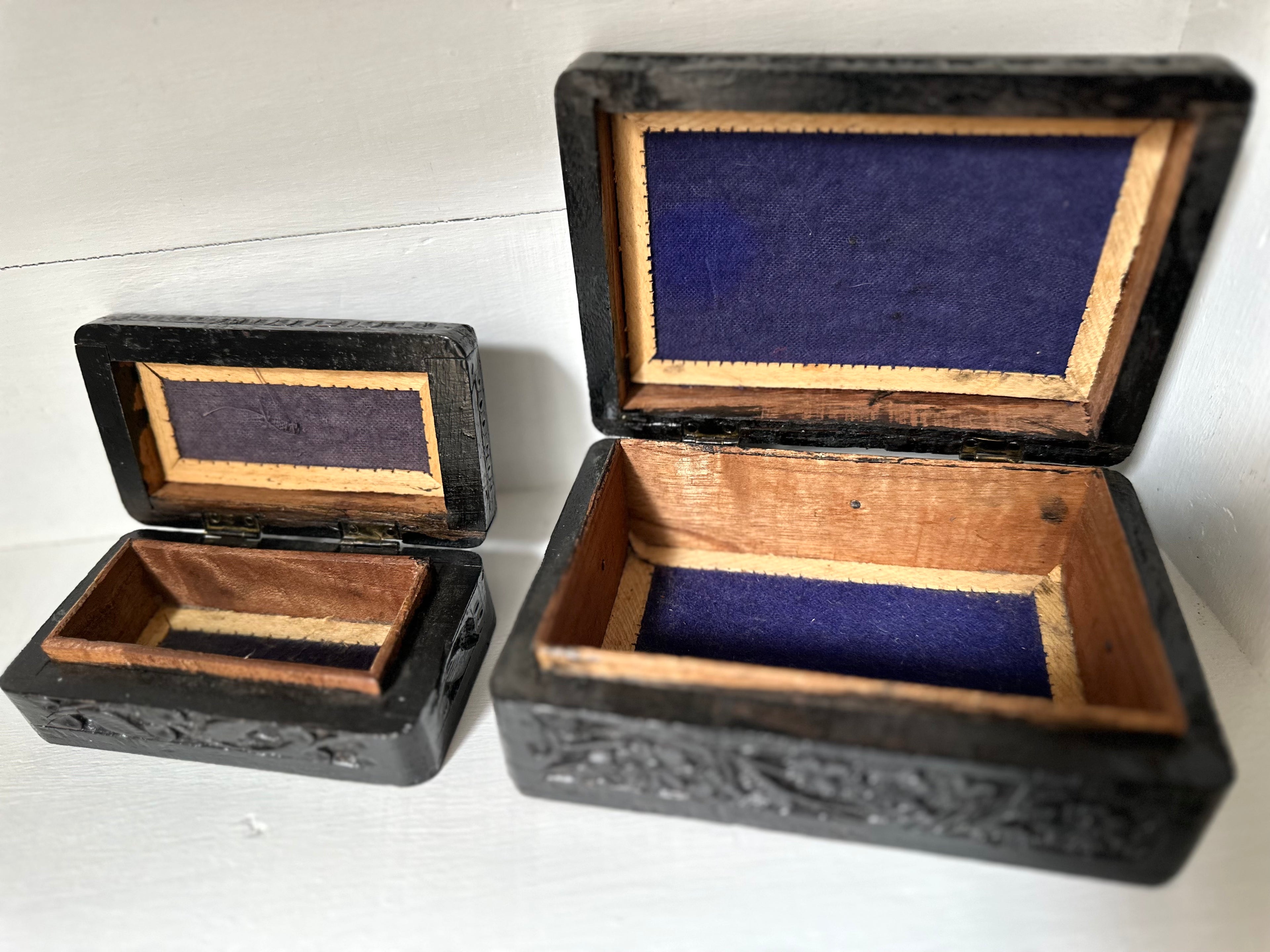 Set of 2 Carved Wood Boxes