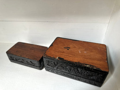 Set of 2 Carved Wood Boxes